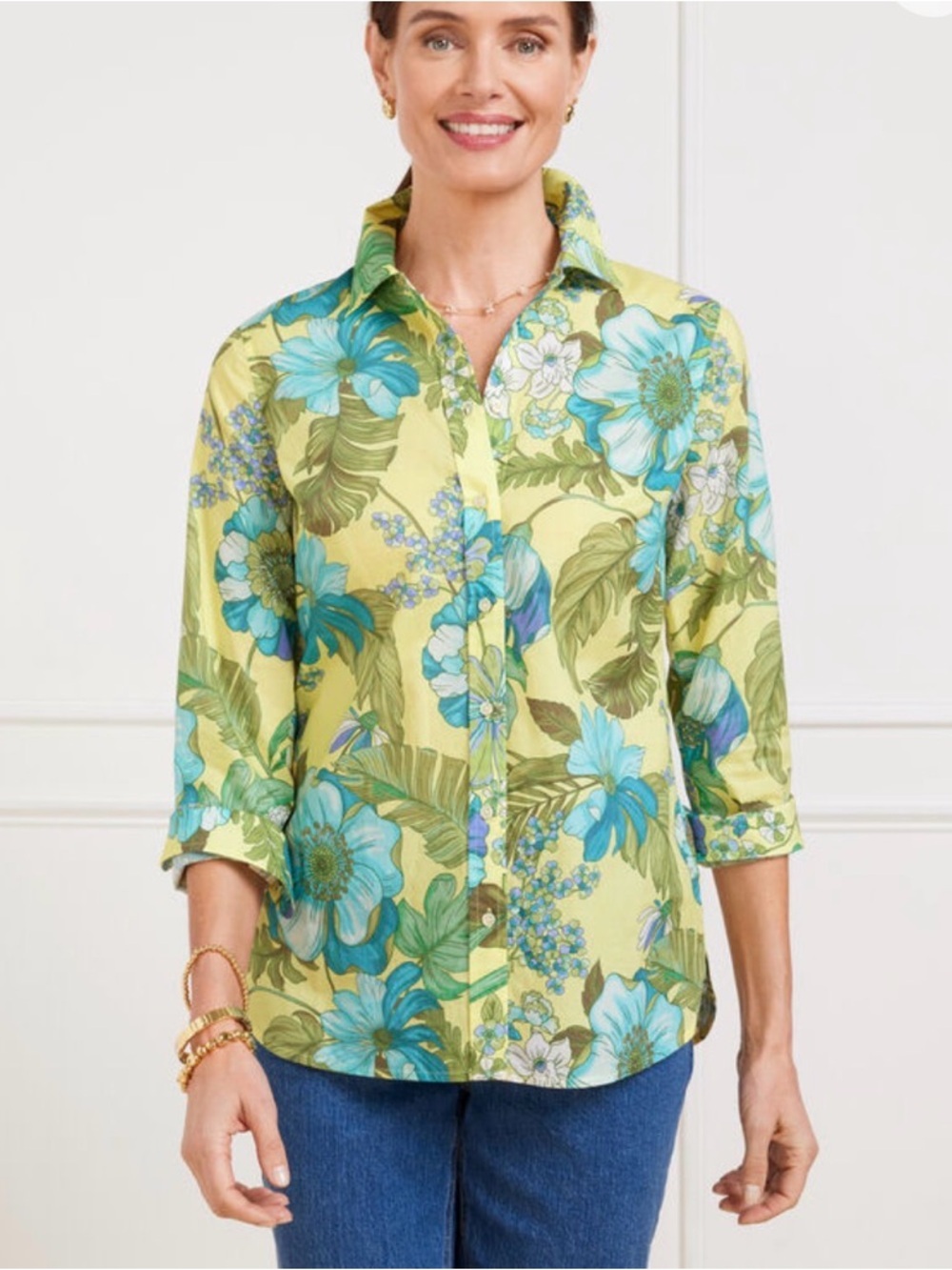 Talbots 1X Modern Classic Botanical Floral Button Shirt Blue Green Long Sleeve